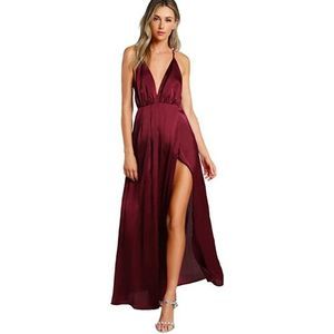 Burgundy Satin Deep V Neck Backless Maxi Dress